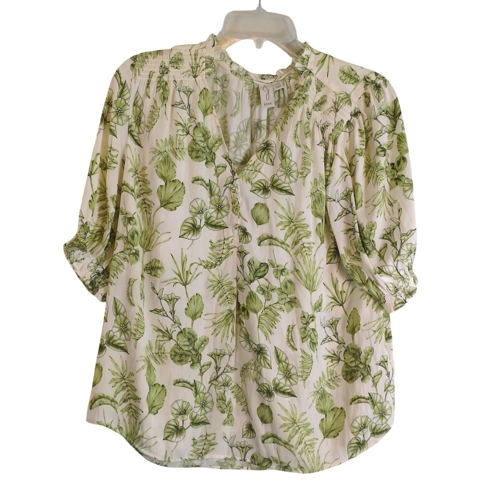 Joie Green Floral Botanical Print Floral Ruffle Neck Smocked Blouse Top Large